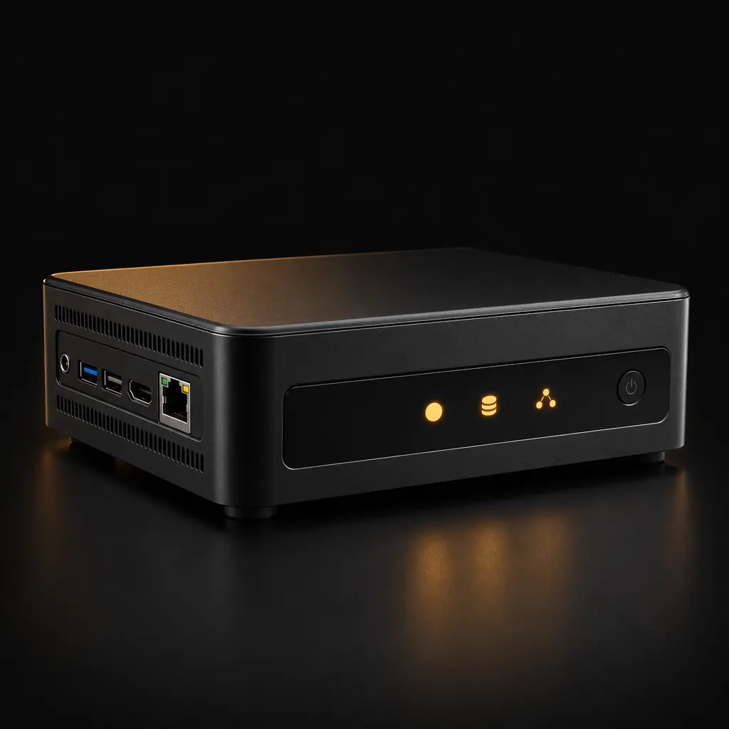Compact black mini server with status lights and Ethernet port on a dark studio background
