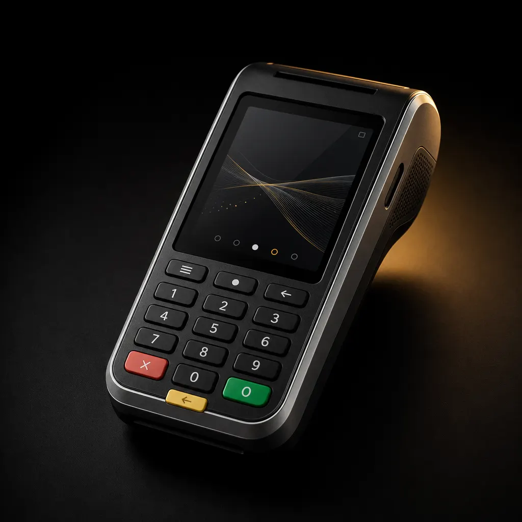 Handheld payment terminal on a dark studio background
