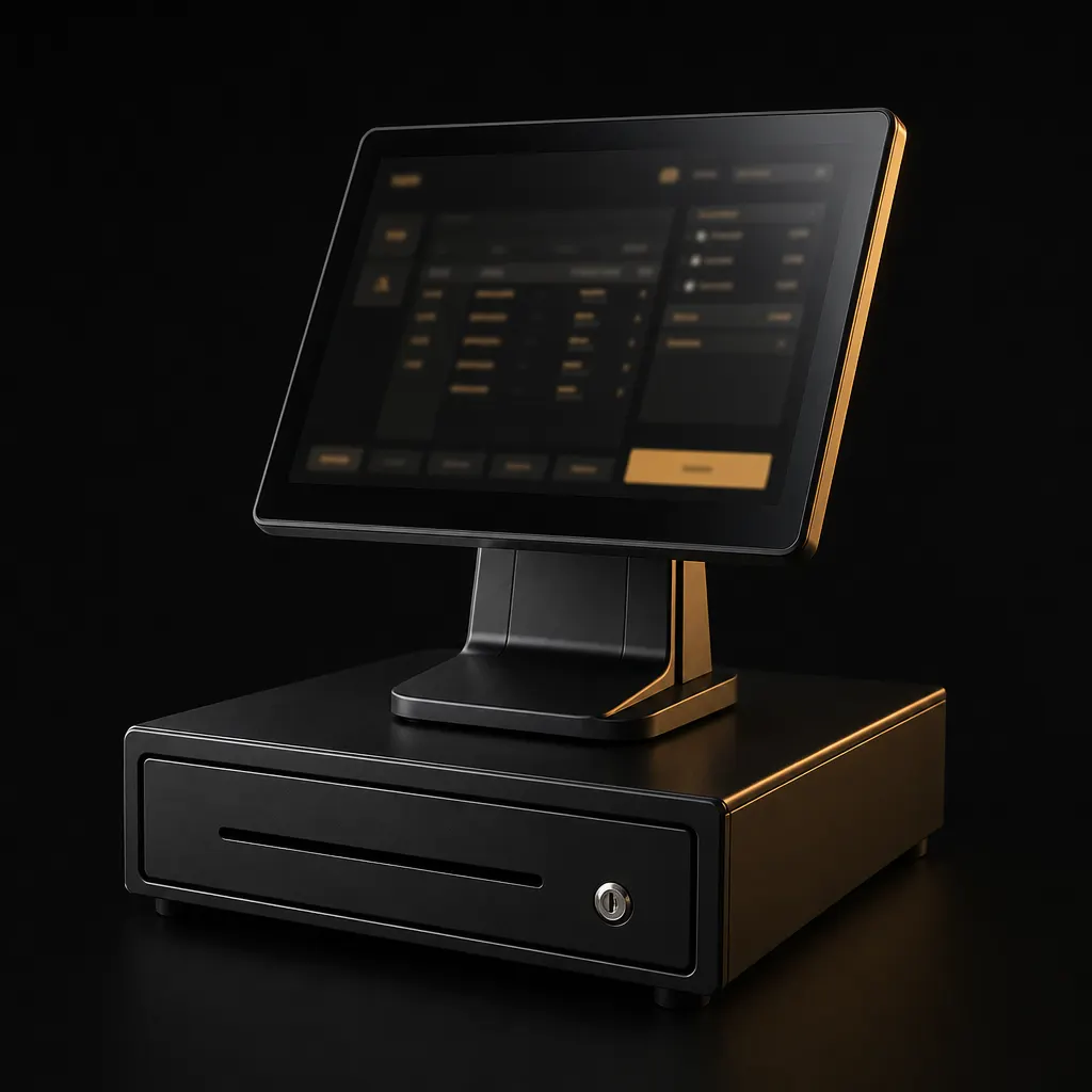 Black POS till with touchscreen and cash drawer on a dark studio background