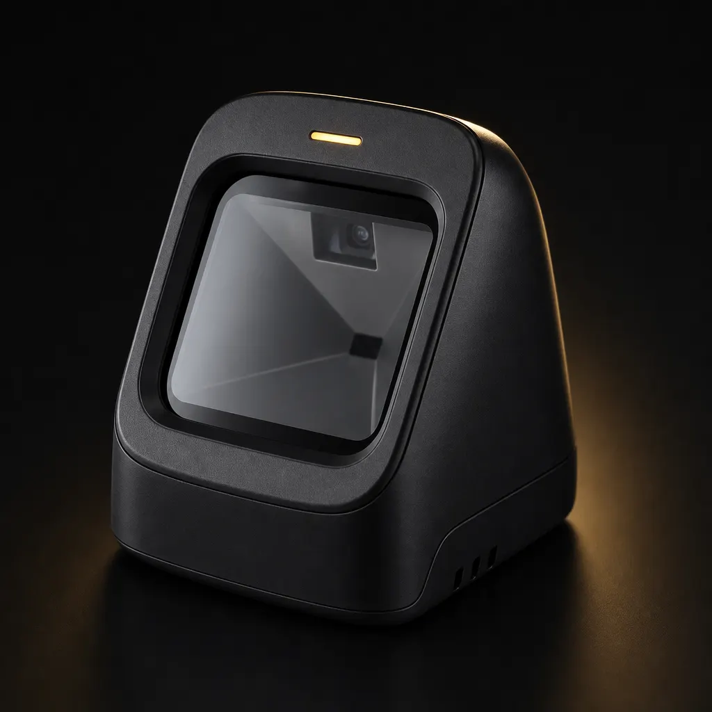 Compact black QR code scanner on a dark studio background