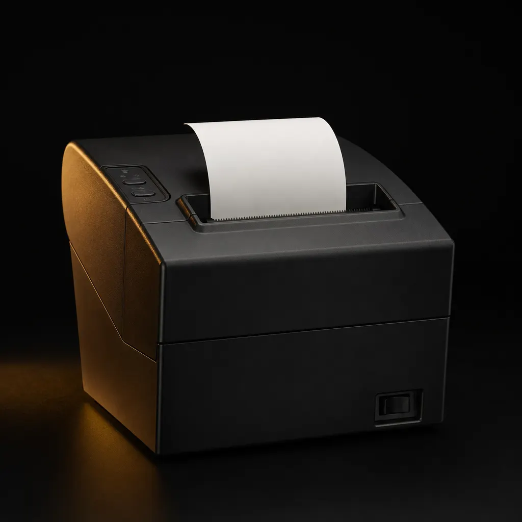 Black counter receipt printer on a dark studio background
