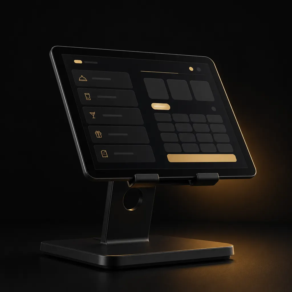 Tablet mounted on a POS stand on a dark studio background
