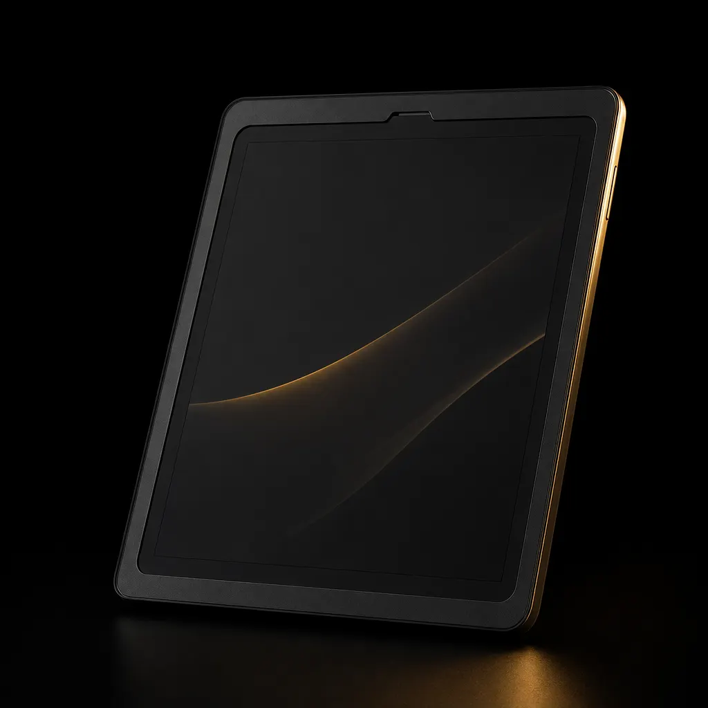 Black handheld tablet on a dark studio background