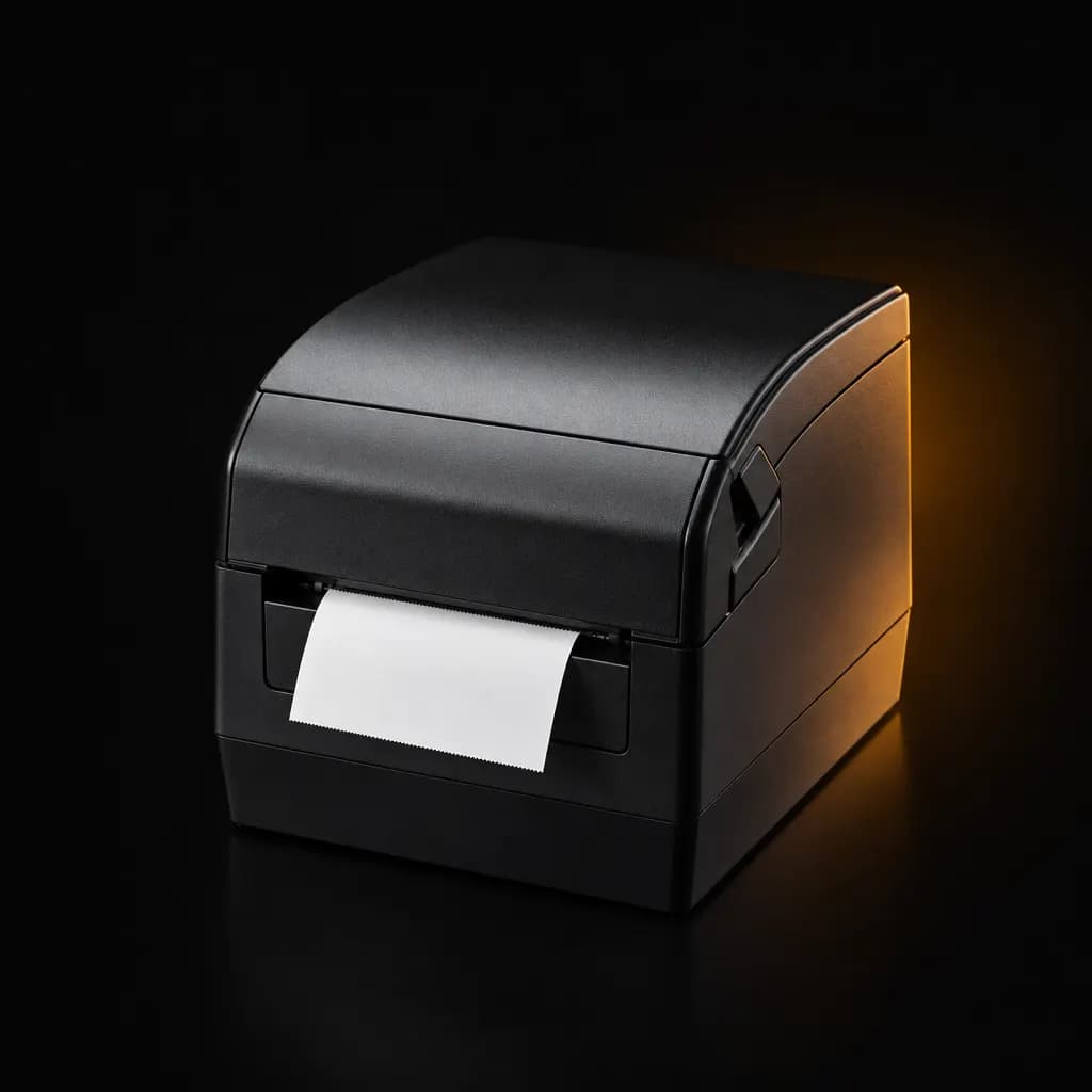 Black kitchen thermal ticket printer with paper on a dark studio background