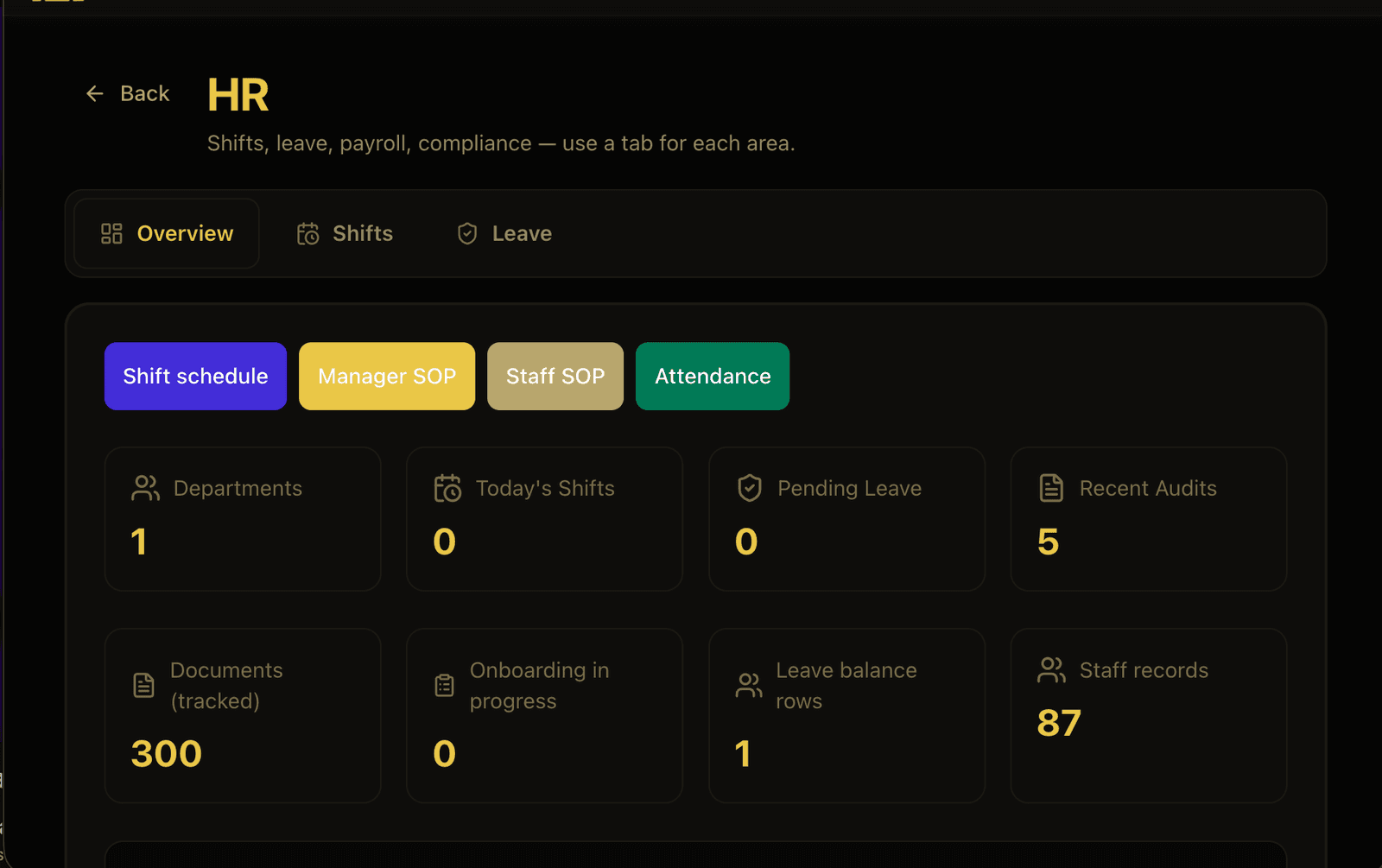 Hostora HR overview with shifts, leave, and documents